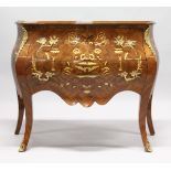A GOOD LOUIS XVITH DESIGN INLAID TWO DRAWER SEPENTINE FRENCH COMMODE on curving legs. 3ft 3ins
