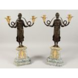 A PAIR OF THOMAS HOPE DESIGN BRONZE CANDELABRA of classical ladies holding scrolling branches, on