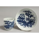 AN 18TH CENTURY WORCESTER COFFEE CUP AND SAUCER printed with a chinoiserie landscape, Plantation
