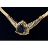 A SUPERB 14CT GOLD TANZANITE AND DIAMOND NECKLACE, purchased from Marshalls, Worksop.