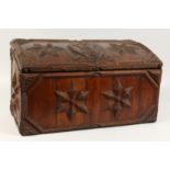 A GOOD TRAMP ART CARVED WOOD, DOMED TOP BOX, carved with a ladder, tools and star motif. 22ins x