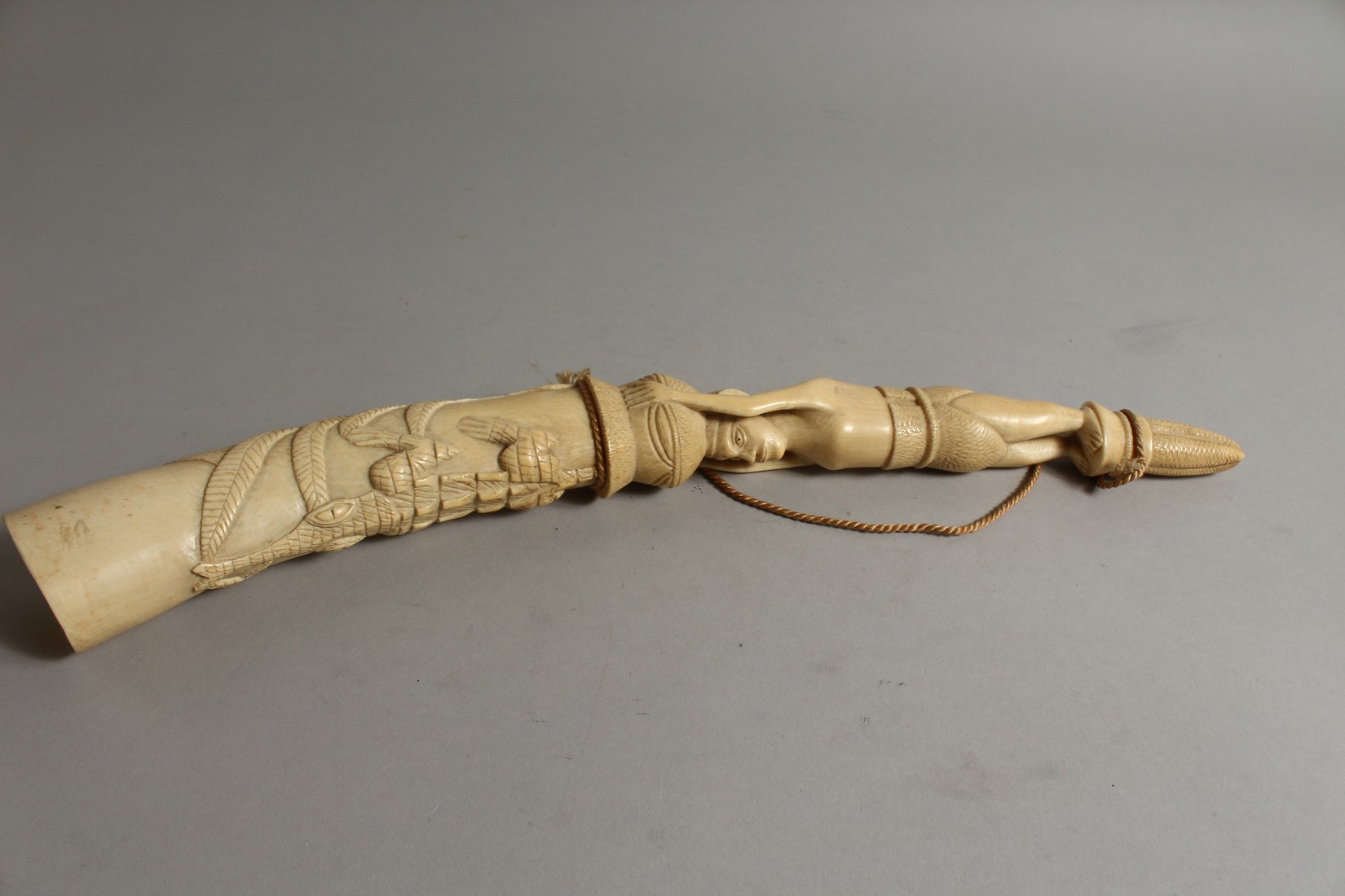 A CARVED IVORY OLIPHANT. 18ins long. - Image 2 of 6