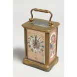 A CARRIAGE CLOCK with painted floral pink flowers.