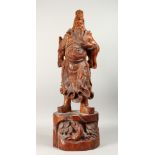 A LARGE JAPANESE CARVED WOOD WARRIOR FIGURE, 36ins high