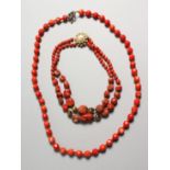 TWO ITALIAN CORAL NECKLACES "Lady beads".