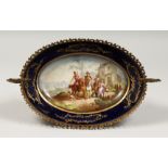 A GOOD 19TH CENTURY SEVRES OVAL COMPORT in an ormolu frame, painted with figures on horseback, two