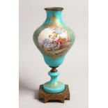 A GOOD 19TH CENTURY SEVRES BLUE GROUND LAMP BASE painted with a panel of young lovers, with ormolu