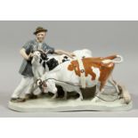 A VERY GOOD LARGE MEISSEN GROUP, FARMER AND TWO COWS. Cross swords mark in blue. Incised H 123,
