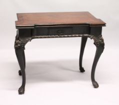 A GEORGE III MAHOGANY FOLD OVER CARD TABLE, possibly Irish, of shaped rectangular outline, a