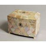 A REGENCY MOTHER OF PEARL BOW FRONTED TWO DIVISION TEA CADDY. 8ins long.