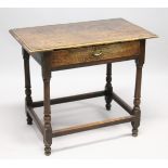 AN 18TH CENTURY OAK SIDE TABLE with a single freize drawer on turned legs united by stretchers.