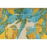 A SALVATORE FERRAGAMO SILK SCARF, yellow, green and blue parrots. 68ins x 36ins.