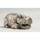A RUSSIAN SILVER HIPPO with blue eyes. Faberge mark, Head 84 I.P. 3ins long.