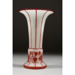 A FROSTED GLASS VASE with red decoration. 8ins high