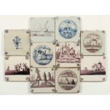 TEN BLUE AND WHITE MANGANESE 18TH CENTURY DELFT TILES 5ins x 5ins.