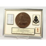 A FRAMED AND GLAZED WW1 BRONZE MEMORIAL DEATH PLAQUE or "Dead Man's Penny" 473103. Rifleman Henry