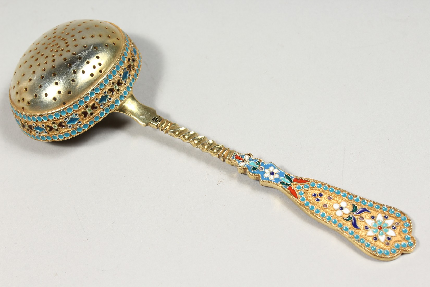 A RUSSIAN SILVER ENAMEL SIFTER SPOON. Mark 84. 6.5ins long. - Image 3 of 5