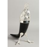 A PLATED HORN MOUNTED PARROT INK WELL. 12ins high.