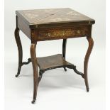 A GOOD VICTORIAN INLAID ROSEWOOD ENVELOPE CARD TABLE with quartered segmented top, green beize
