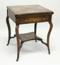 A GOOD VICTORIAN INLAID ROSEWOOD ENVELOPE CARD TABLE with quartered segmented top, green beize