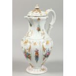 A GOOD MEISSEN COFFEE POT AND COVER, moulded body painted with flowers Cross swords mark in blue