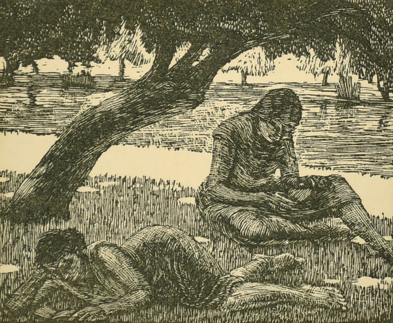 Gwen Raverat (1885-1957), The riverbank (1932), woodcut published by Mercury Press, 3.5" x 4".