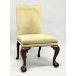 A GEORGE II STYLE MAHOGANY SINGLE CHAIR with calf covered back and seat supported on cabriole legs