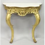 A 19TH CENTURY GILTWOOD CONSOLE TABLE, with grey veined serpentine white marble top, carved frieze