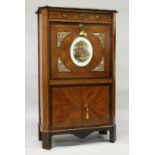 A GOOD LOUIS XVI TULIP WOOD AND KING WOOD SECRETAIRE CABINET with marble top single drawer over a