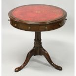 A SMALL GEORGE III STYLE MAHOGANY CIRCULAR SWIVEL TOP DRUM TABLE with inset leather top, two drawers