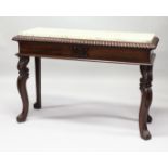 A GOOD 19TH CENTURY IRISH MAHOGANY AND MARBLE SIDE TABLE, with a grey veined marble top , gadroon
