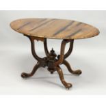 A VICTORIAN ROSEWOOD OVAL SUTHERLAND TABLE with four folding flaps, gate leg action on curving