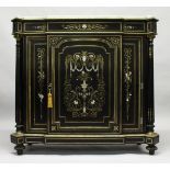 A SUPERB 19TH CENTURY FRENCH BOULLE CREDENZA of breakfront form with white marble top, the front