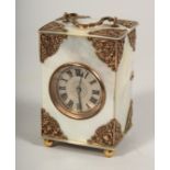 A SUPERB VICTORIAN MOTHER OF PEARL SILVER MOUNTED CARRIAGE CLOCK on four ball feet. 3ins high.