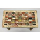 A VERY GOOD RECTANGULAR COFFEE TABLE inset with squares of specimen marbles on a gilt base. Signed