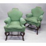 A PAIR OF EARLY 20TH CENTURY UPHOLSTERED, WALNUT FRAME SMALL ARMCHAIRS, with shaped backs and