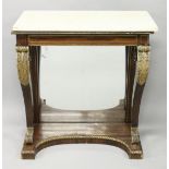 A REGENCY ROSEWOOD AND PARCEL GILDED CONSOLE TABLE, with a rectangular white marble top over a