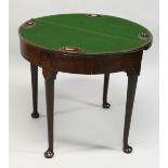 A VERY GOOD GEORGE III MAHOGANY DOUBLE TOP TEA AND CARD TABLE of half moon shape, rising top to
