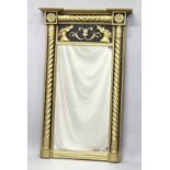 A 19TH CENTURY GILT FRAMED AND EBONISED PIER MIRROR, with rope twist moulded top and sides , the