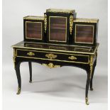 A VERY GOOD 19TH CENTURY EBONY, ORMOLU AND MARBLE VITRINE TABLE /CABINET, the stepped upper
