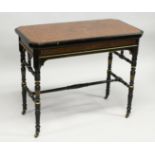 AN AESTHETIC MOVEMENT GILLOW & CO. RECTANGULAR FOLDING AND SWIVEL TOP CARD TABLE, with c legs,