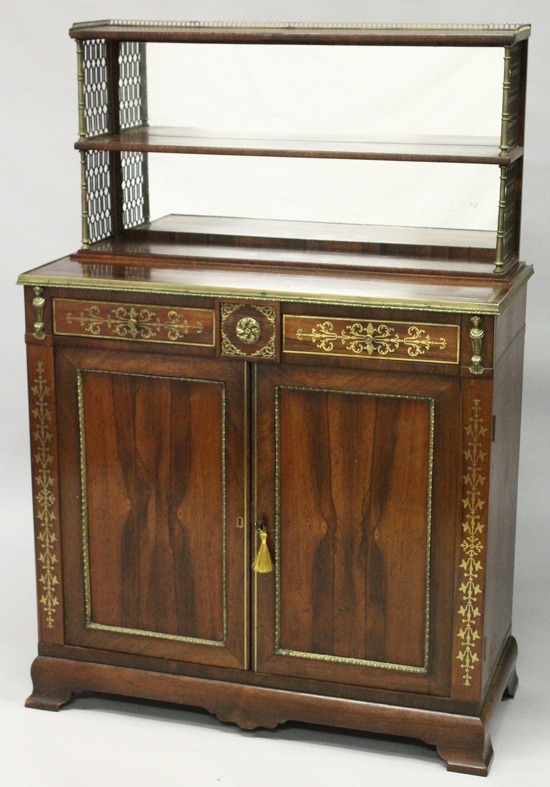 A SUPERB REGENCY ROSEWOOD BRASS INLAID CHIFFONIER in the manner of JOHN MC LEAN, with book shelf - Image 2 of 16