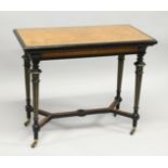 AN AESTHETIC MOVEMENT GILLOW & CO. RECTANGULAR FOLDING SWIVEL TOP CARD TABLE, with amboyna legs,
