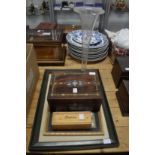 A large glass vase, a rosewood sewing box, dominoes and two prints.