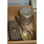 Four silver spoons, a dressing table jar and a box.