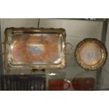 A large silver plated twin handled tray and matching circular dish.