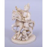 A JAPANESE MEIJI PERIOD CARVED IVORY OKIMONO - WARRIOR ON HORSEBACK, red tablet seal to base, 9.