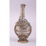 AN ISLAMIC WHITE METAL AND ENAMEL SCENT BOTTLE, 9.5cm high.