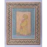 A PERSIAN QAJAR MINIATURE PAINTING OF A FIGURE, in a micro mosaic inlaid frame, framed and glazed,