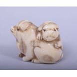 A JAPANESE MEIJI PERIOD CARVED IVORY NETSUKE - AKITA PUPPIES in play, 3.5cm.